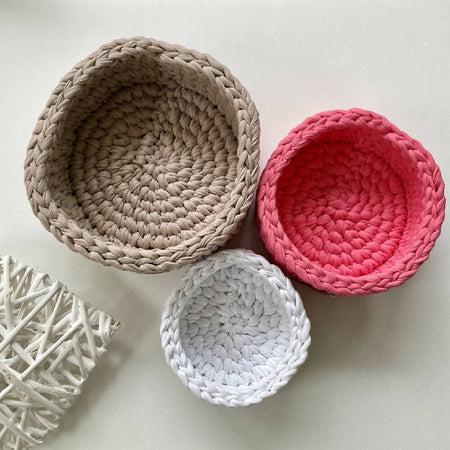 Crochet handmade basket stacking set - Beige, coral & white