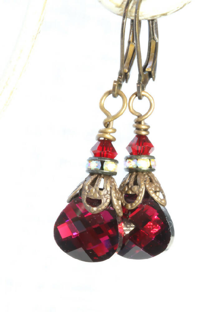 Swarovski Crystal & Brass Drop Earrings Ruby AB Briolette