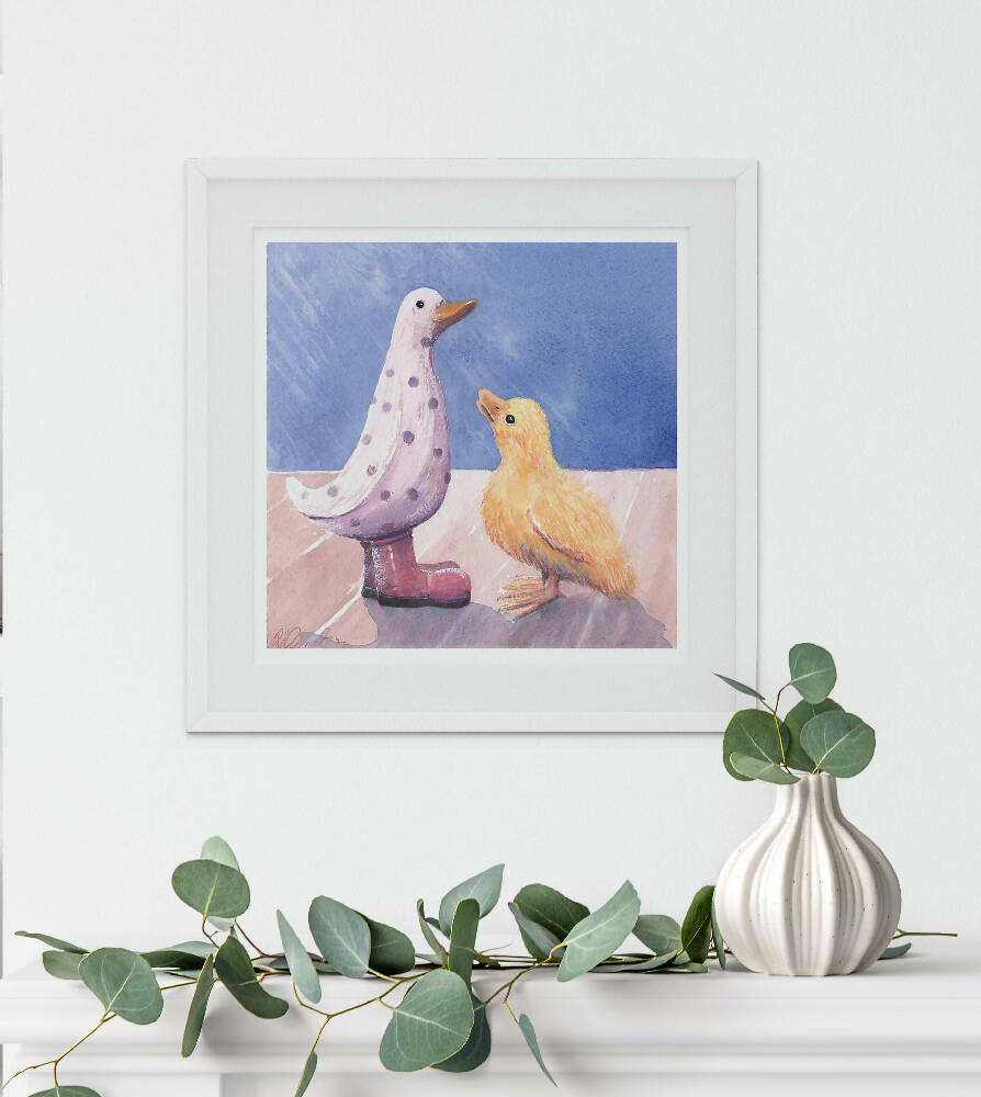 Duckling and Wooden Duck in White Frame