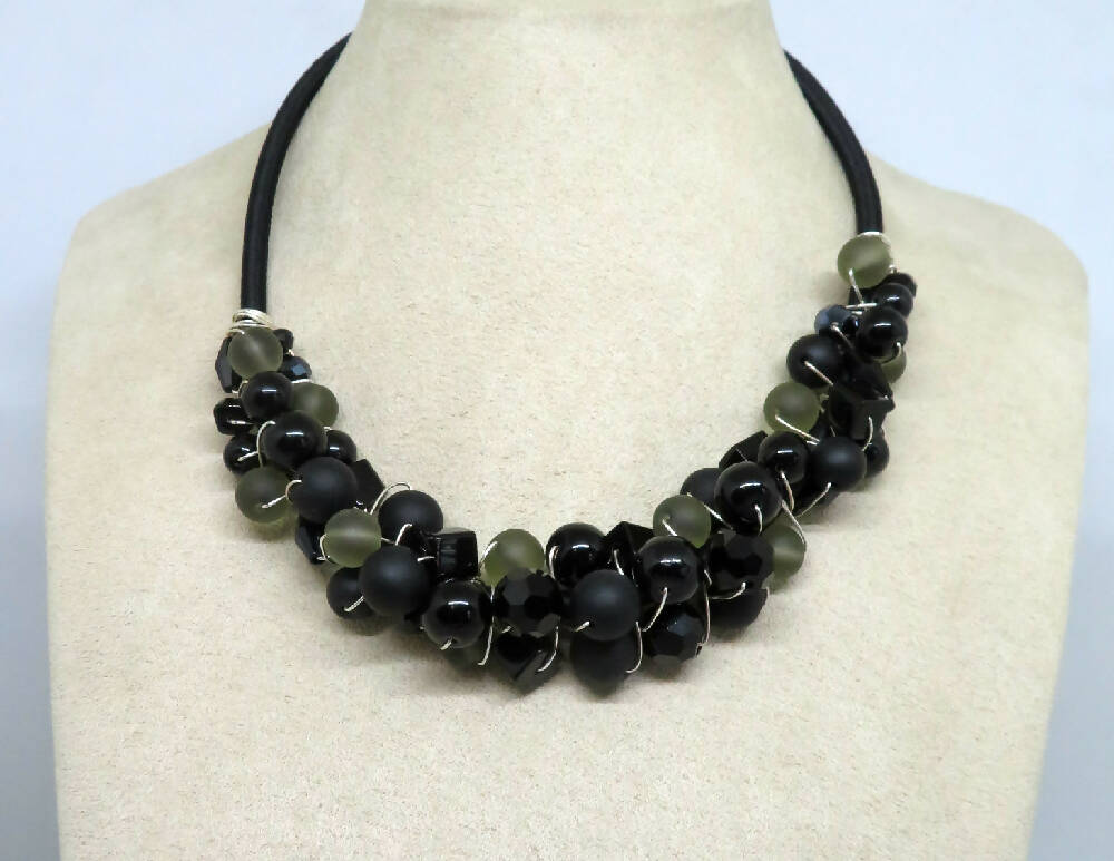 Black Olive/Grey Wire Wrapped Beaded Necklace Earrings Set