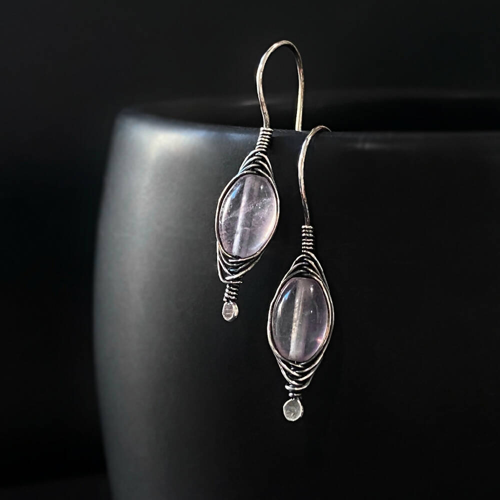 Sterling Silver Herringbone Weave Wire Wrap Pink Fluorite Earrings