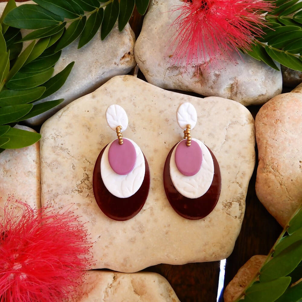 Pink & White Layered Polymer Clay Earrings "Odette Pink"
