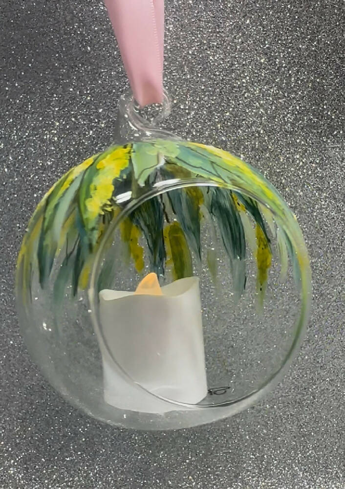 Tea Light Candle Holder, Painted, FREE SHIPPING Australian Wattle Flowers