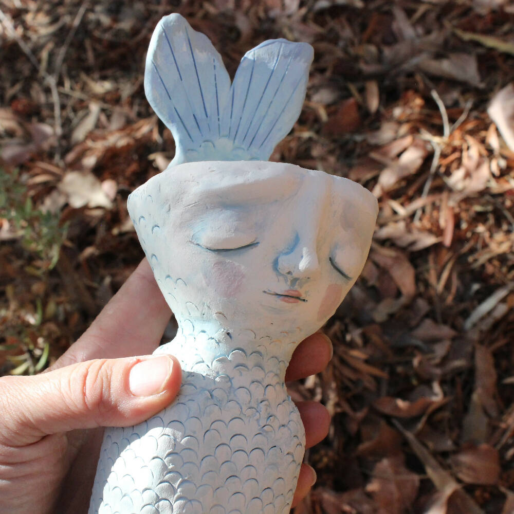 clay sleepy mermaid candlestick, tealight, blue pottery