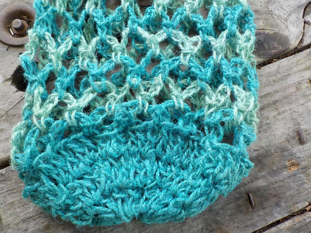 crocheted shopping carry string bag made from blue hemp
