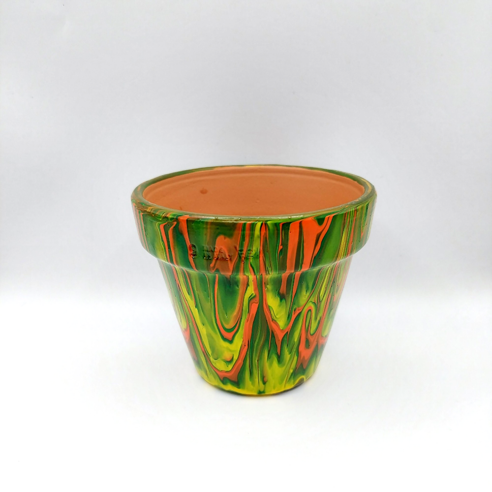 Yellow Green Orange Acrylic Poured Painted Small Terracotta Pot