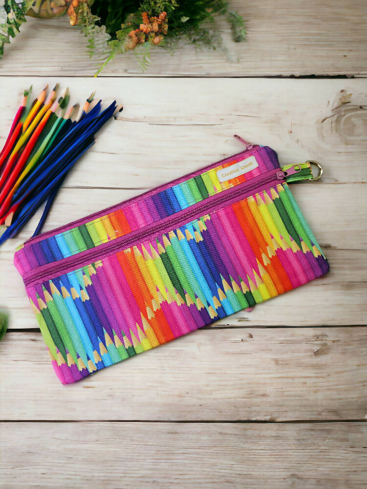 Handmade Pencil Design Coloured Double Zippered Pencil Case