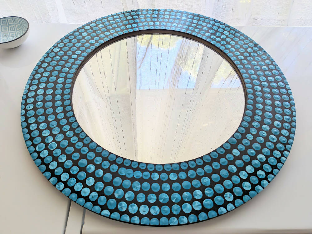 Aqua Blue Dot Art Mirror Handpainted Marbled Design