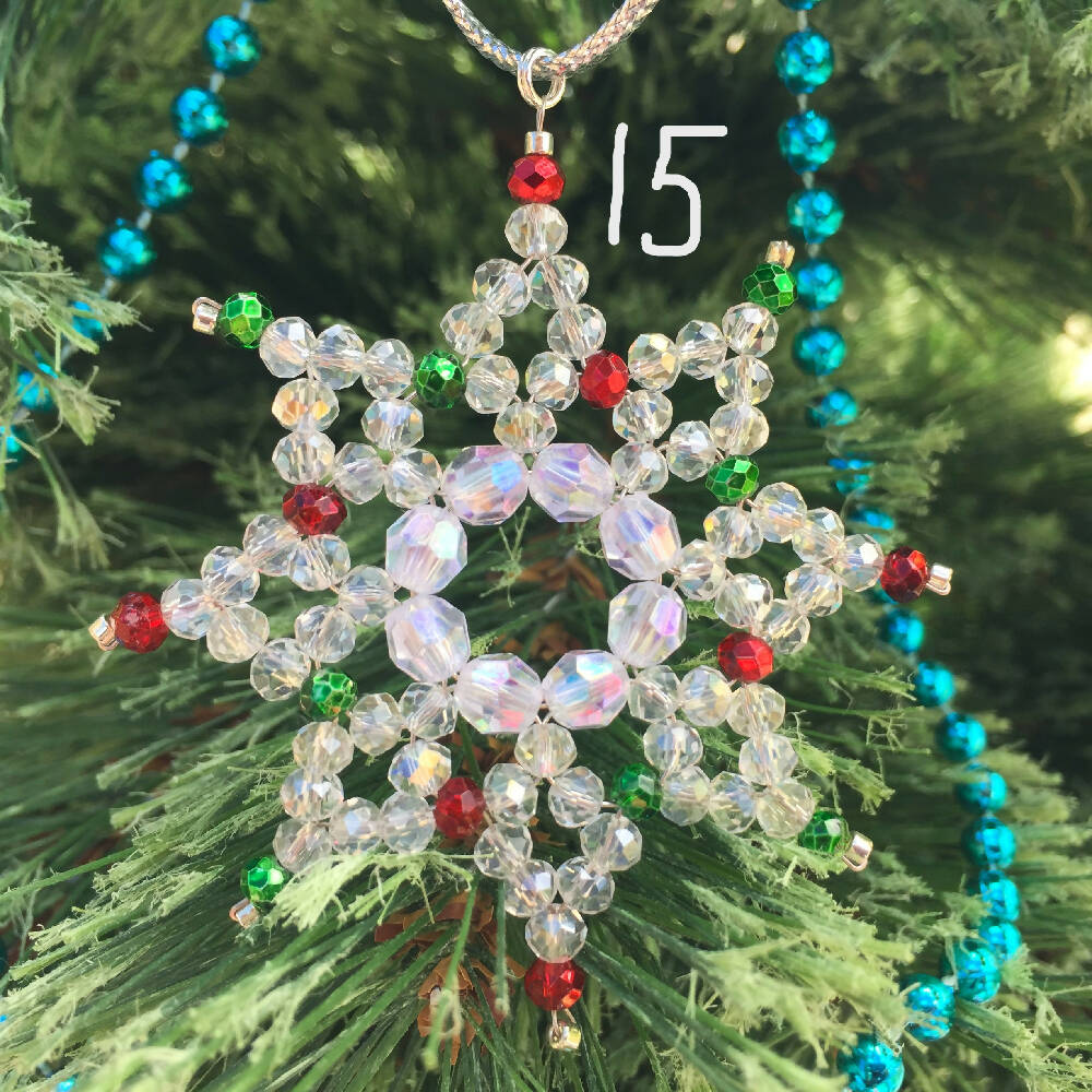 Naryanabeads beaded snowflake option 15 made of crystals of clear, red and green colours