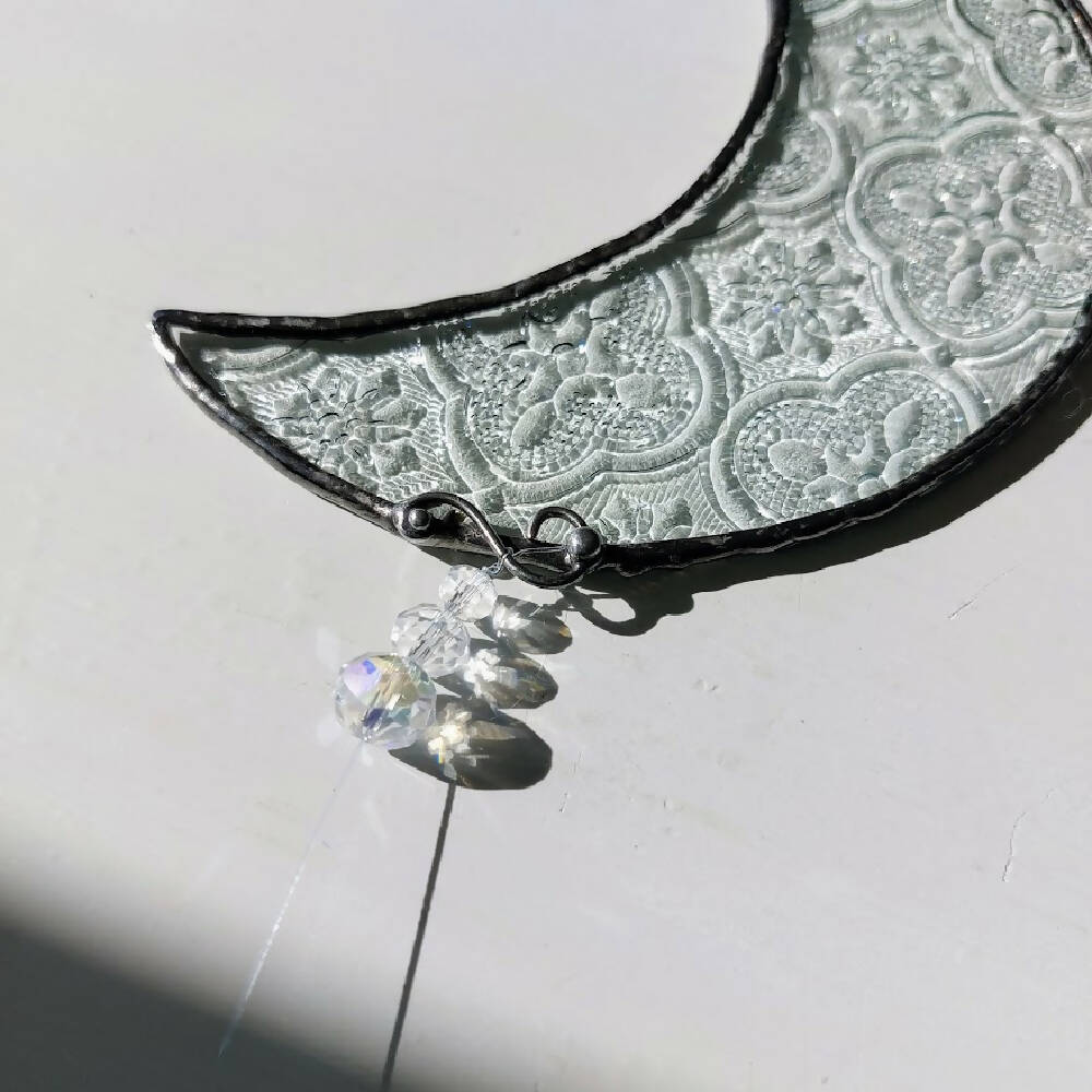 Crescent moon suncatcher, stained glass moon with crystals