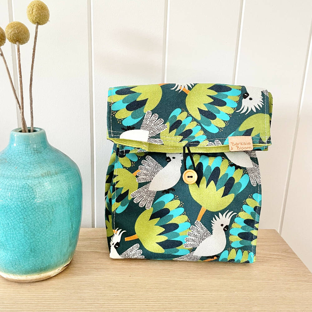 Lunch Bag Cotton Canvas~ Reusable, Fold Over~ Cockatoos