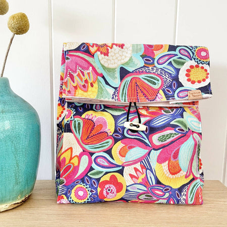 Lunch Bag Cotton Canvas~ Reusable, Fold Over~ Bright Blooms