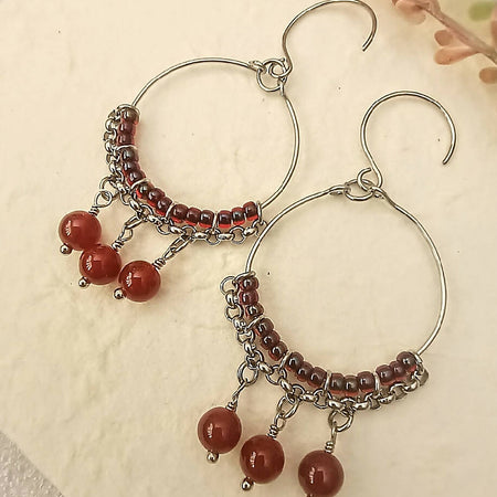 Boho Chained Hoops - Red Agate (One Pair Only)