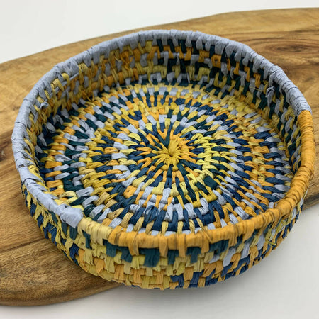 Basket in shades of blue and Yellow raffia