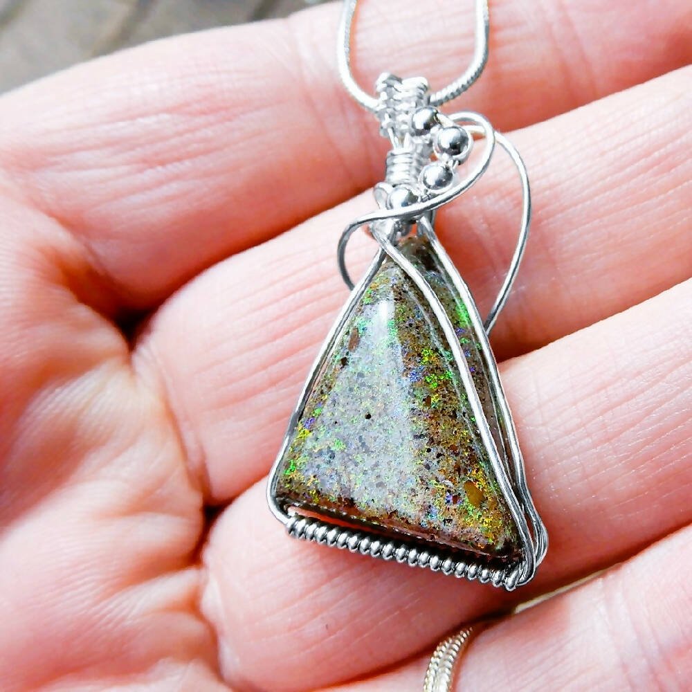 Andamooka Rainbow opal pendant Sterling wire wrapped