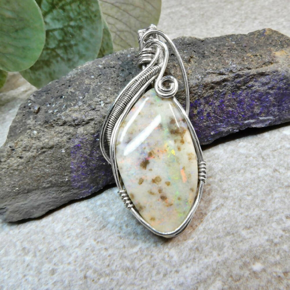 Eromanga pastel Boulder Opal pendant Sterling silver wire wrapped