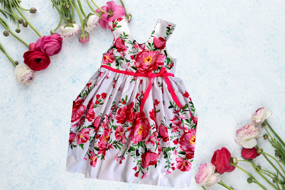Girls Border Print Dress, Roses, Size: 8
