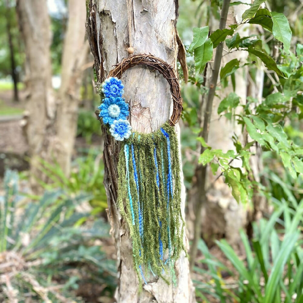 Wreath Grapevine Blue Yarn Flowers