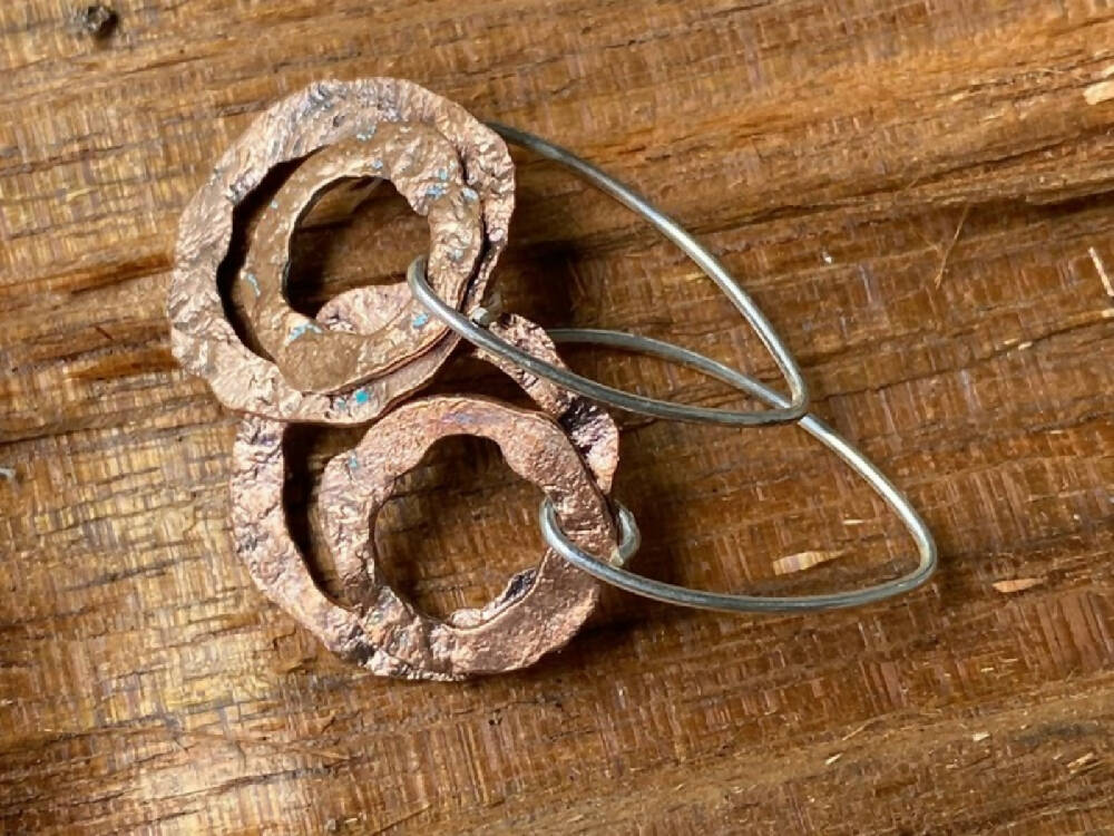 Hammered Copper and Sterling Silver Leaf Drop Earrings