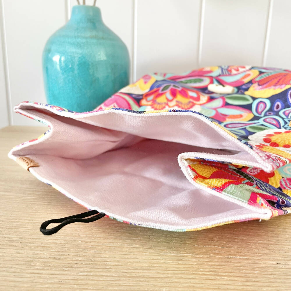 Lunch Bag Cotton Canvas~ Reusable, Fold Over~ Bright Blooms