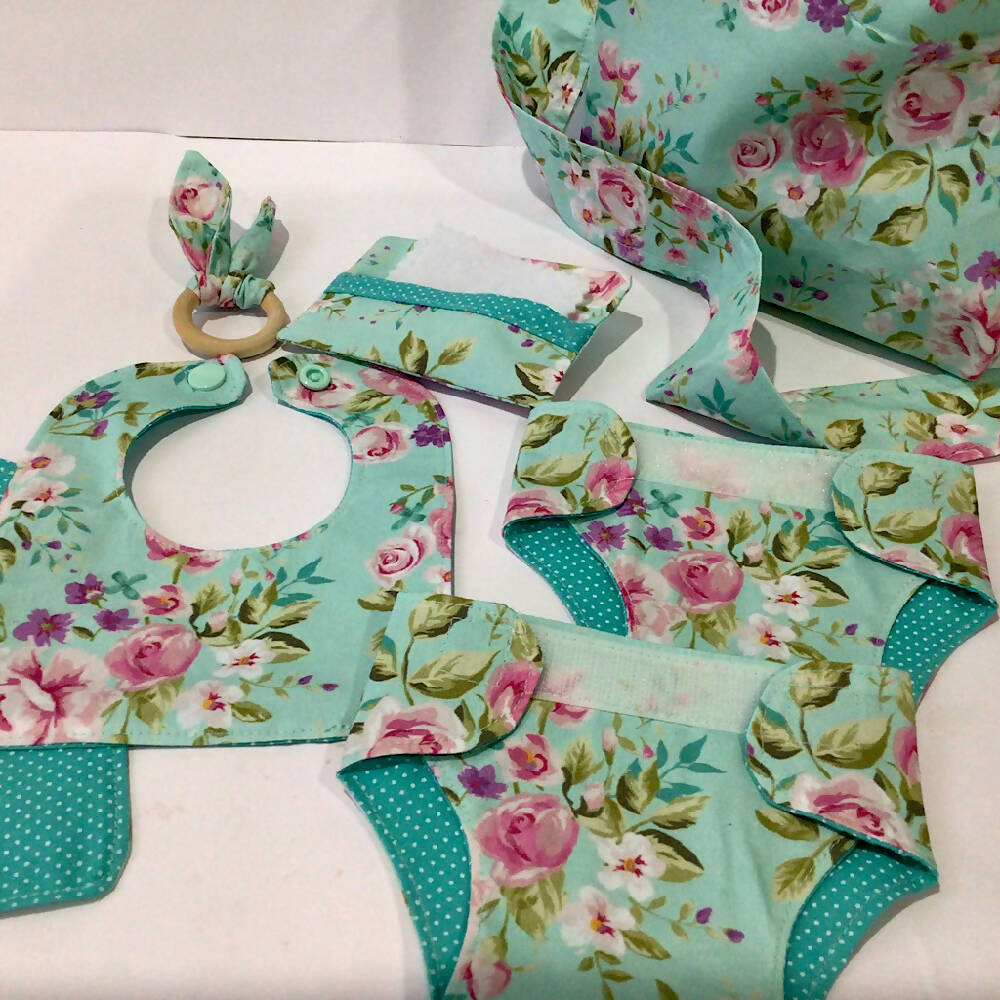 Nappy Bag and accessories for Baby Doll - mint floral #1