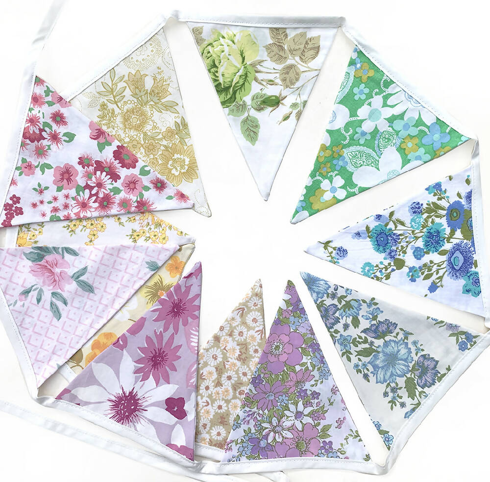 RAINBOW Bunting - Retro Multi-Colour Vintage Floral Fabric Flags