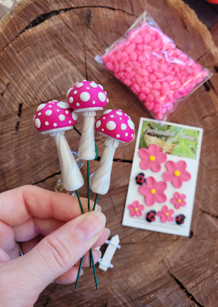 Bright Pink Fairy garden Mushrooms set with Ladybirds