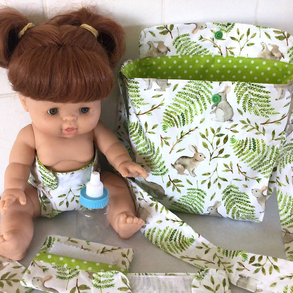 Nappy Bag and accessories for Baby Doll #3 Bunnies amongst Ferns