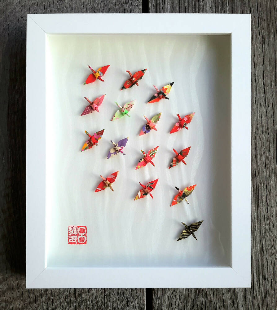 Framed artwork Wish Upon A Wing - exquisite red selection of good luck cranes