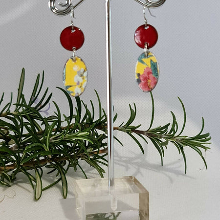 Enamel Earrings - Floral Red and Yellow