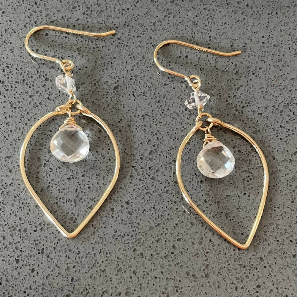 14K Gold filled crystal quartz leaf shaped hoop earrings