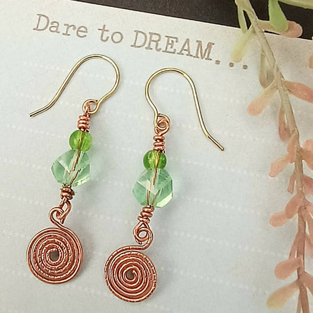 'Peridot Spirals' Copper Wire-Wrap Earrings
