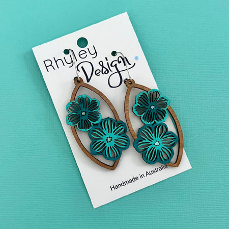 Summer Earrings, Pretty Wooden Blue Flower