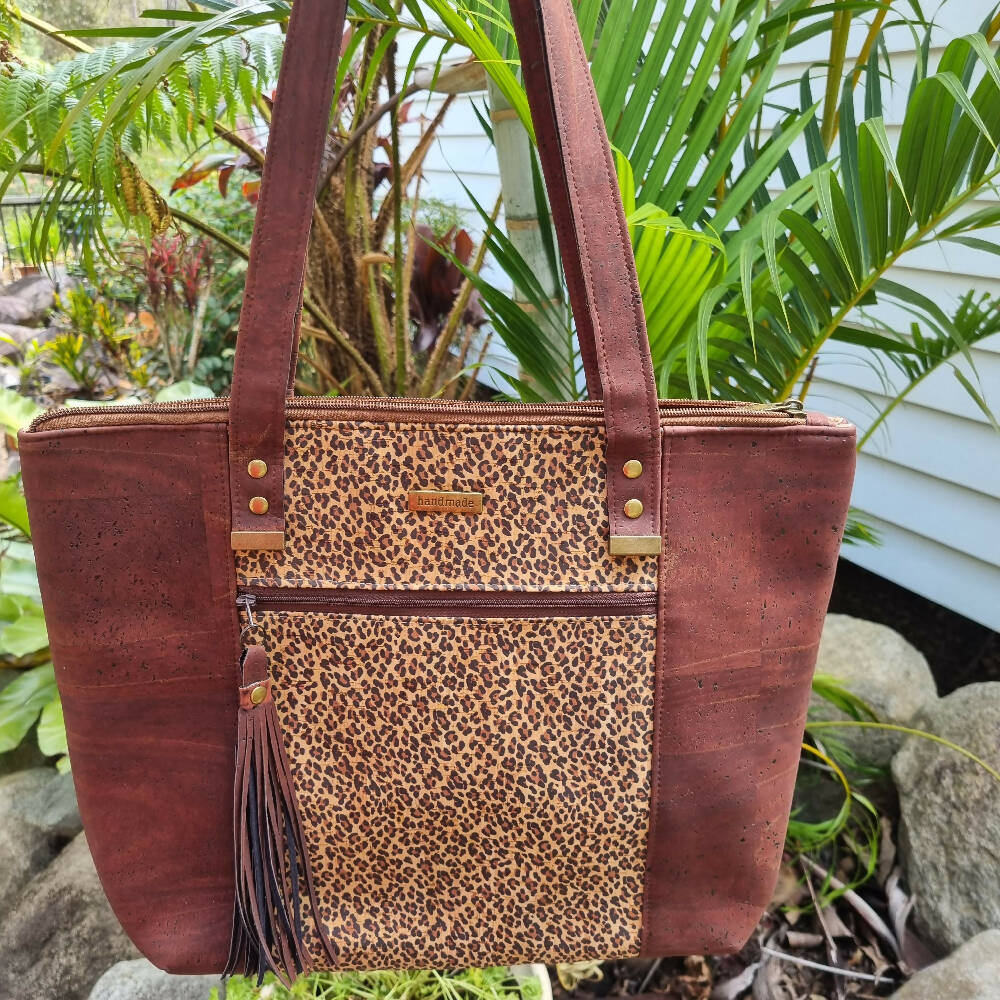 Brown Cork Tote - Brown/Leopard Print Cork Pelican Tote