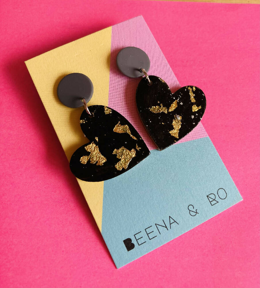 Handpainted heart / gold leaf earrings