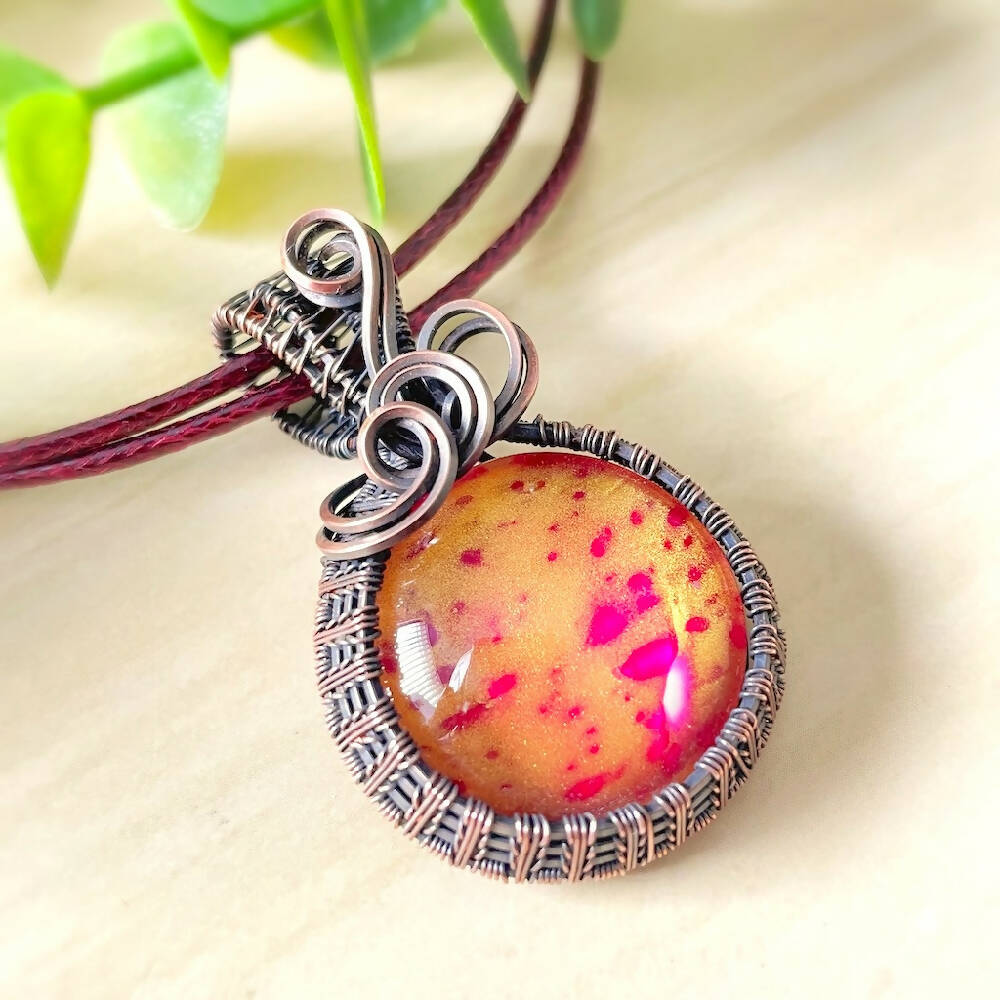 47x28mm Wire-Wrapped Gold & Hot Pink Fluid Art Pendant