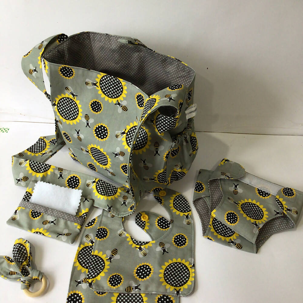 Nappy Bag and accessories for Baby Doll - grey spotted sunflower #1