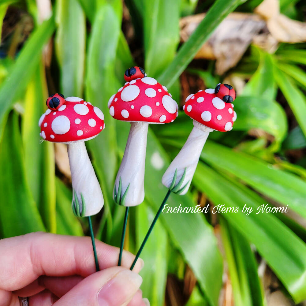 Traditional red Fairy garden Mushrooms with Ladybirds set of 3
