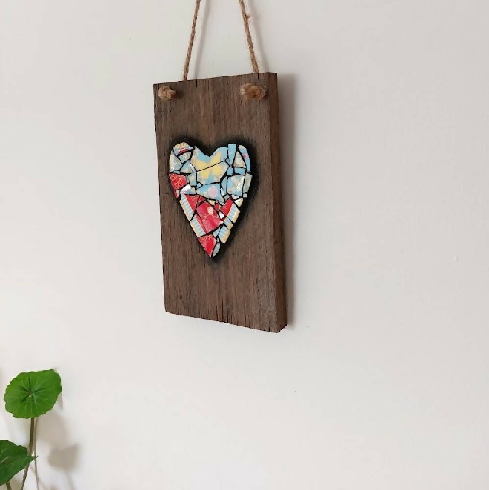 Broken china mosaic heart wall hanging, red & yellow butterfly mosaic on timber