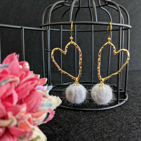 Golden Love Heart and Fluffy Pompom Dangle Earrings (nickel-free hooks)