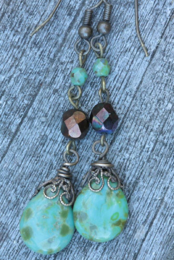 Turquoise Teardrop Czech Fire Polished Glass Beaded Drop Earrings