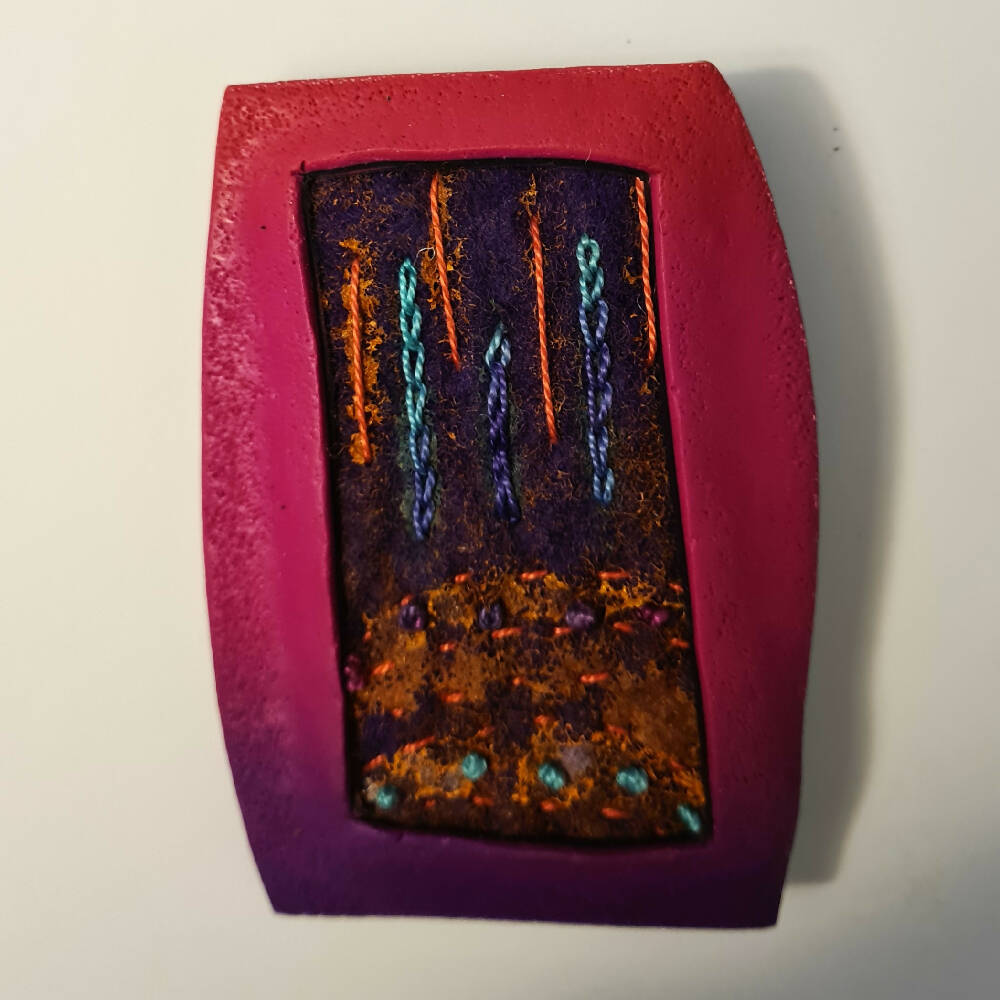 Pink polymer clay and felted brooch