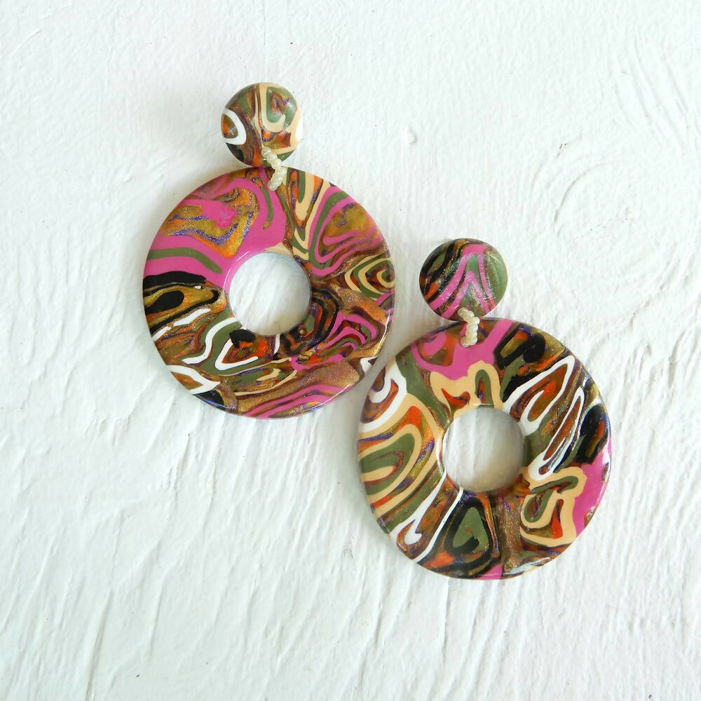 Pink & Bronze Polymer Clay Earrings "Stone Groove" Hoop