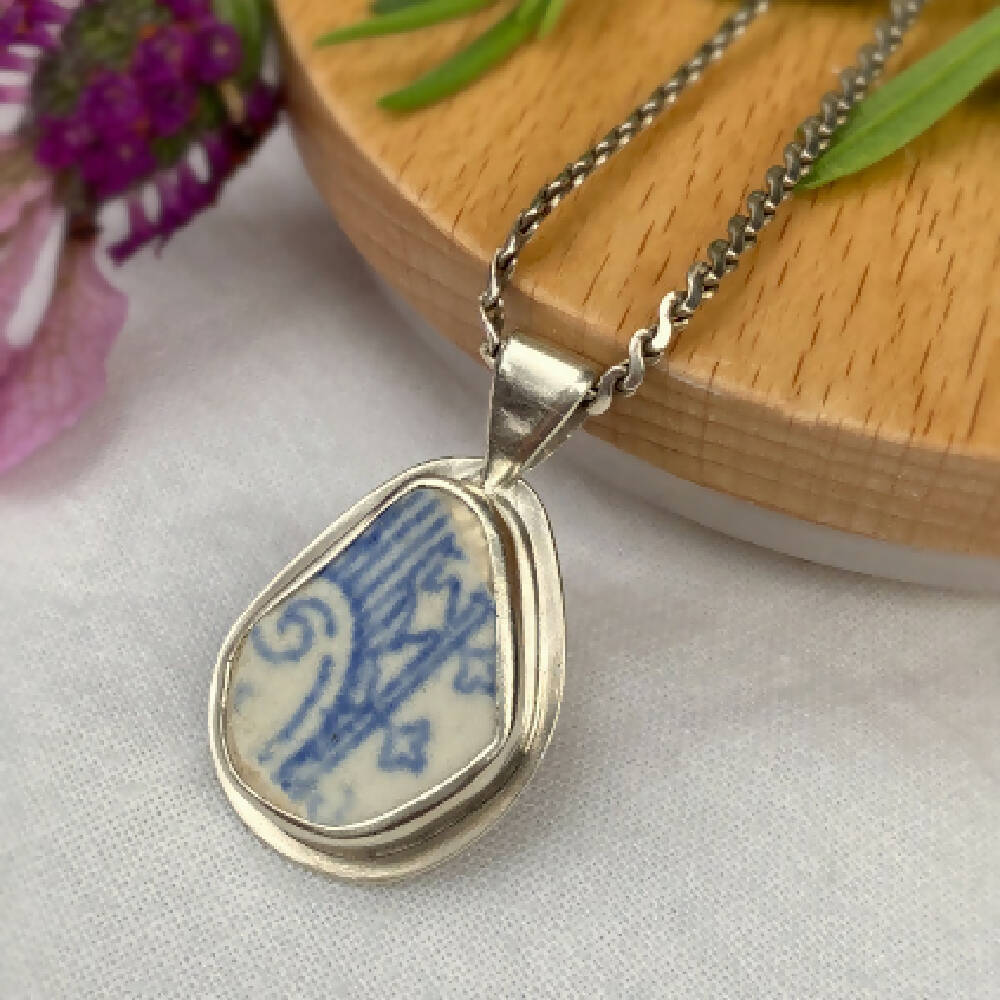 Sterling Silver Scottish Sea Pottery Pendant - Blue Stems - Reversible
