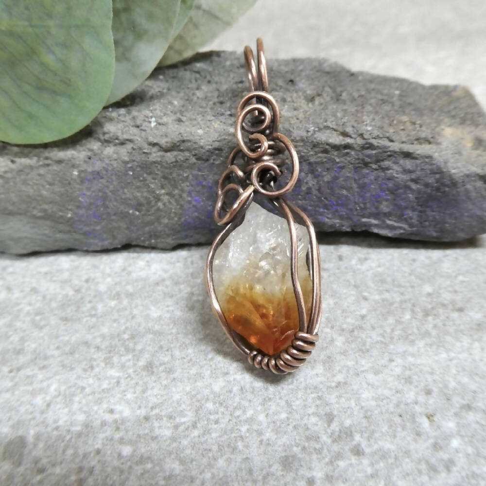 Raw Citrine point pendant necklace wire wrapped in copper