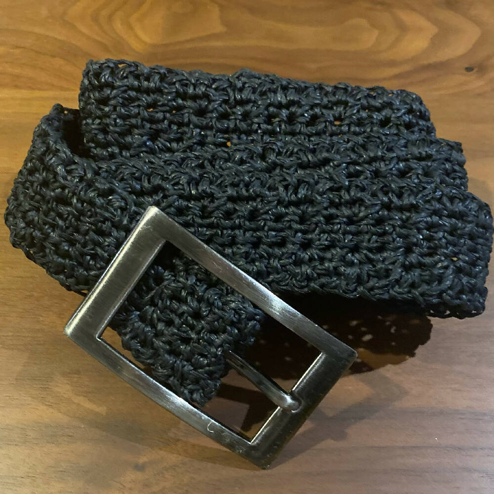 Crochet Bamboo Belt (Black) - Silver Buckle