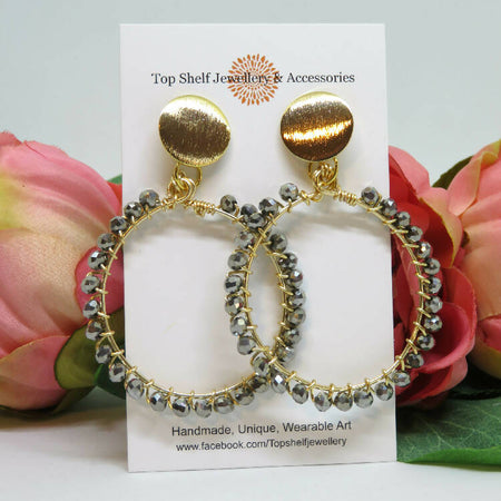 Smokey Grey Faceted Wire Wrapped Hoop Earrings