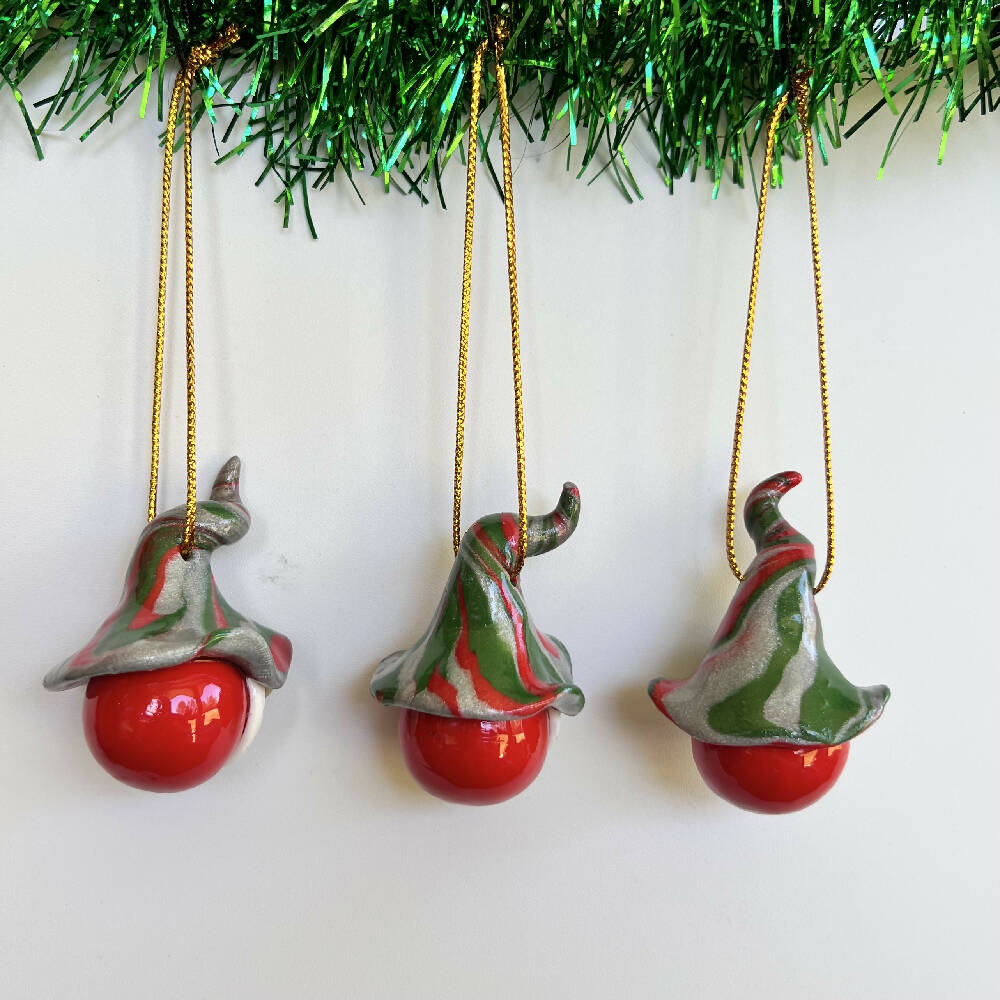 Gnome Christmas baubles trio - red, silver, green (red bottoms)