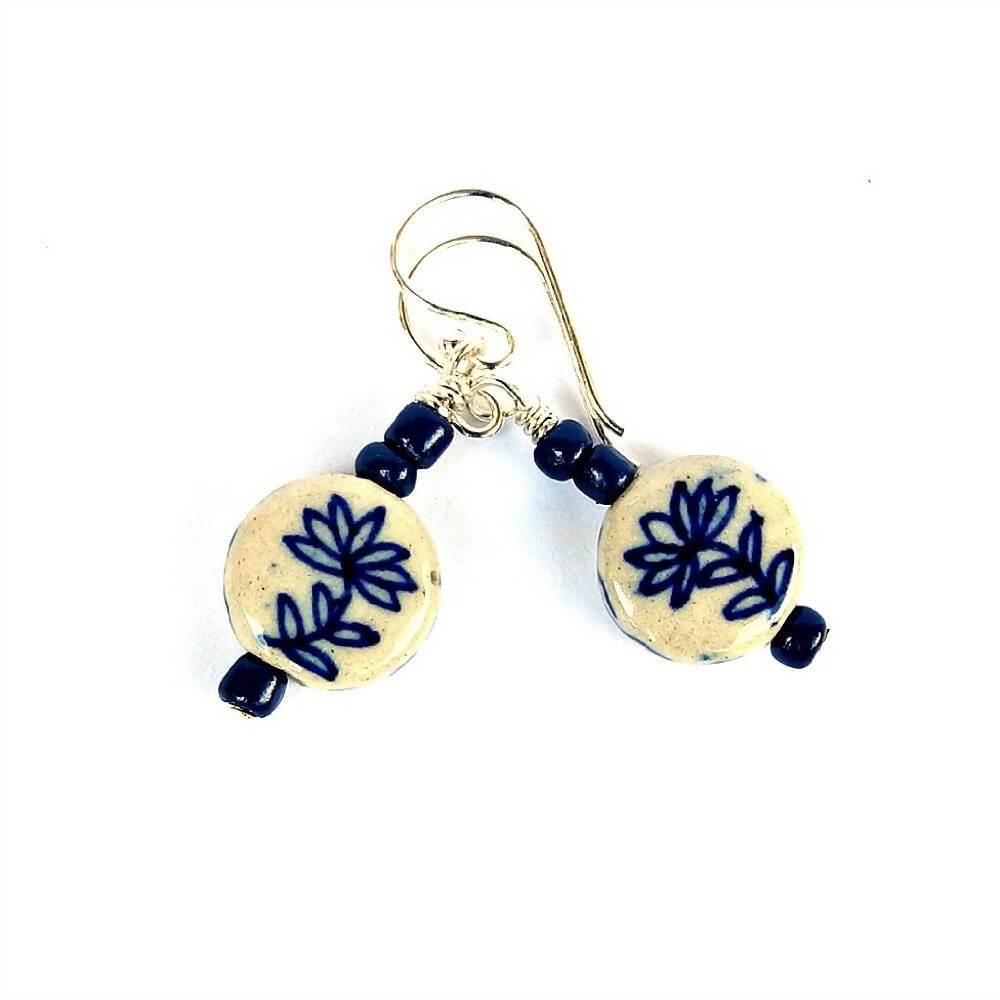 Earrings, Ceramic Porcelain Flowers, Blue and White