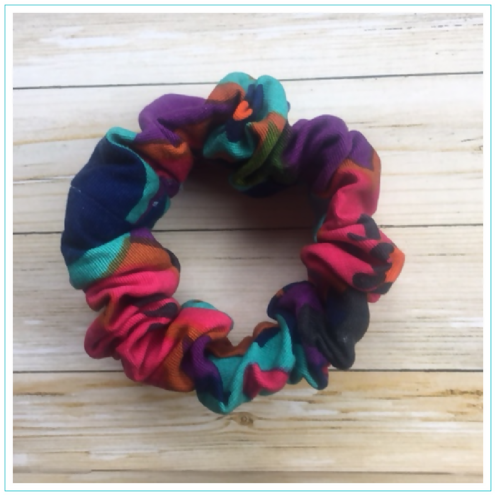 Colourful Retro Flower Up-cycled Fabric Scrunchie - Wide Elastic - 100% Cotton